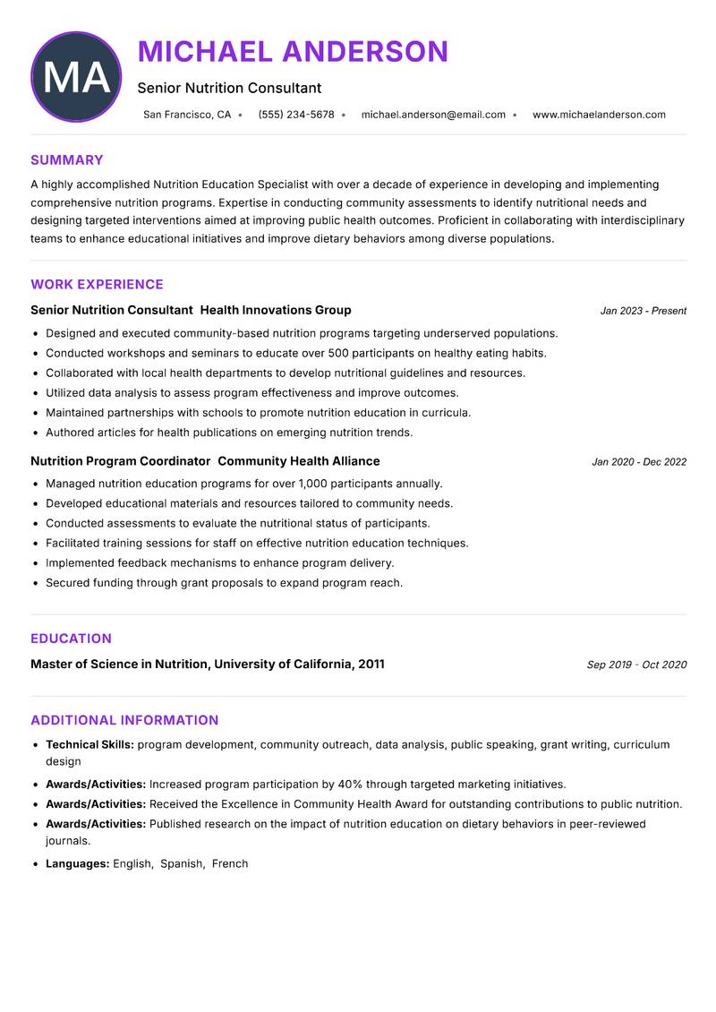 Nutrition Education Specialist Resume Preview Example