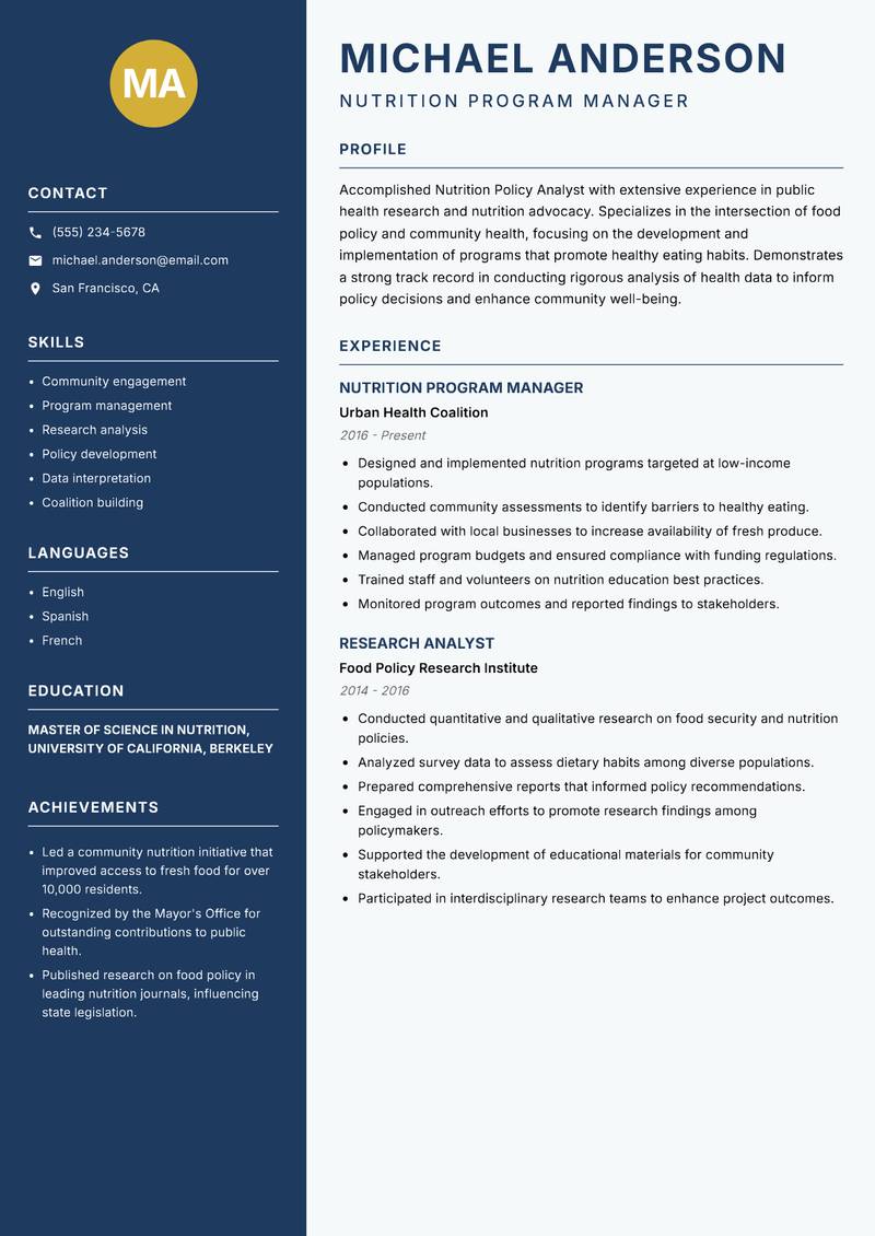 Nutrition Policy Analyst Resume Preview Example