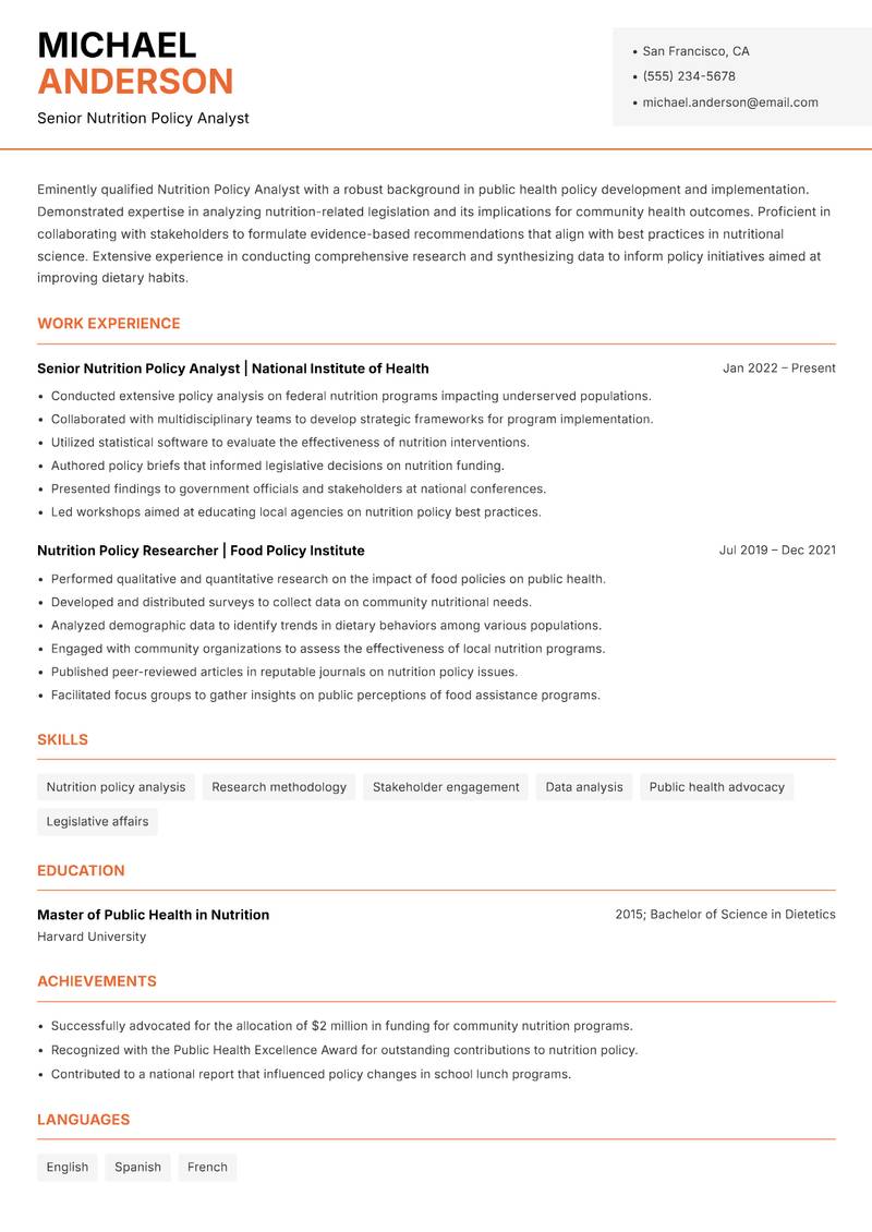 Nutrition Policy Analyst Resume Template