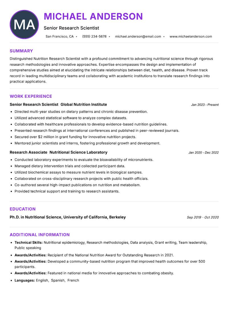 Nutrition Research Scientist Resume Preview Example