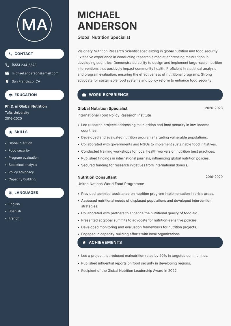 Nutrition Research Scientist Resume Preview Example