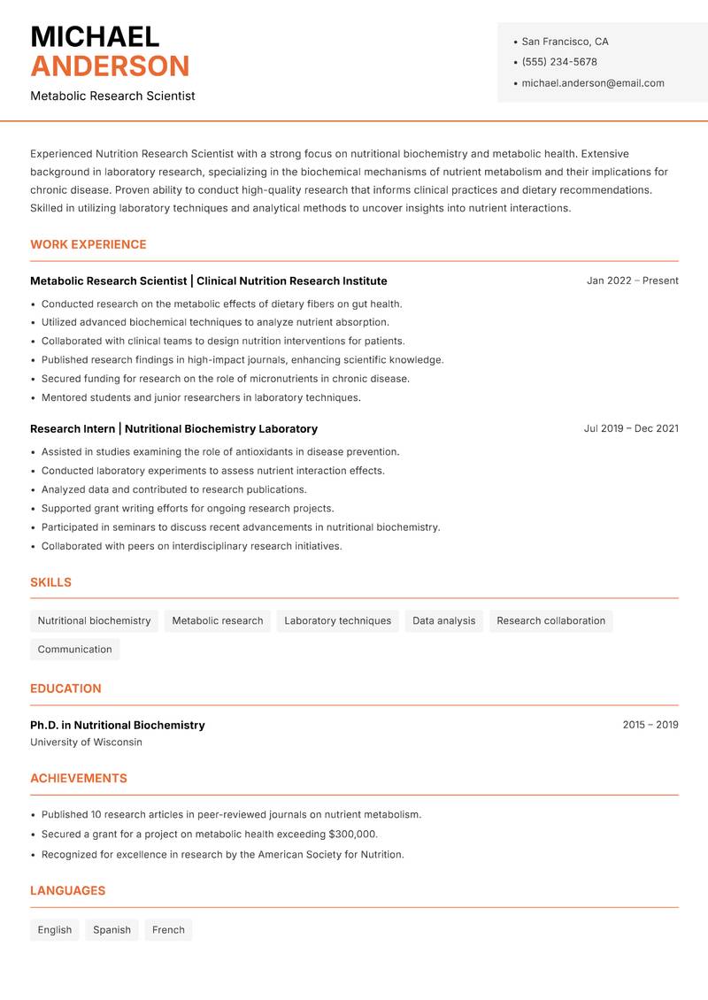 Nutrition Research Scientist Resume Template