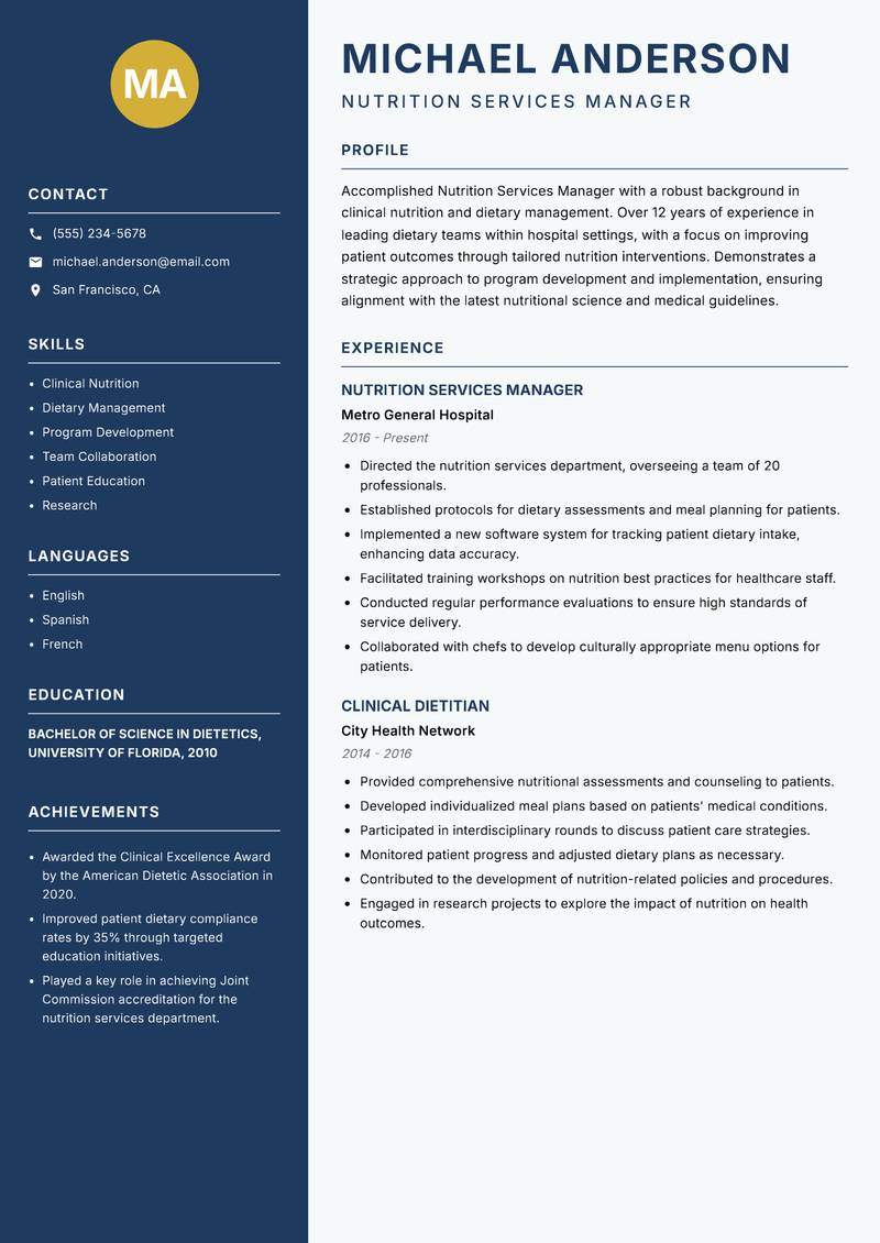 Nutrition Services Manager Resume Preview Example