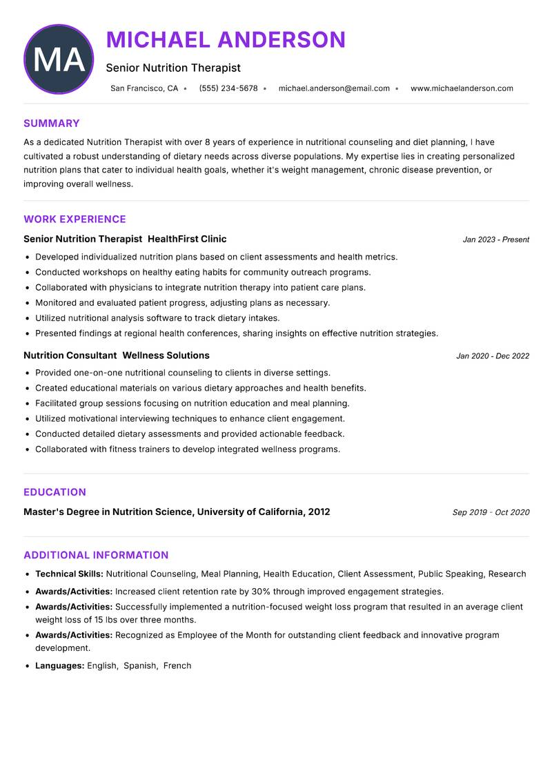 Nutrition Therapist Resume Preview Example