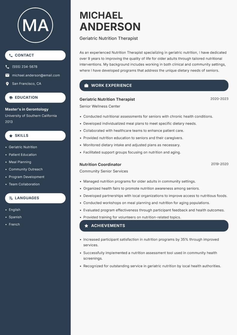 Nutrition Therapist Resume Preview Example