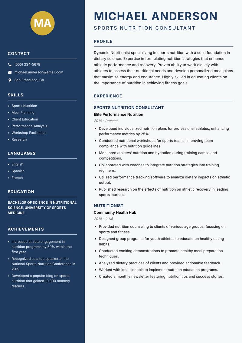 Nutritionist Resume Preview Example