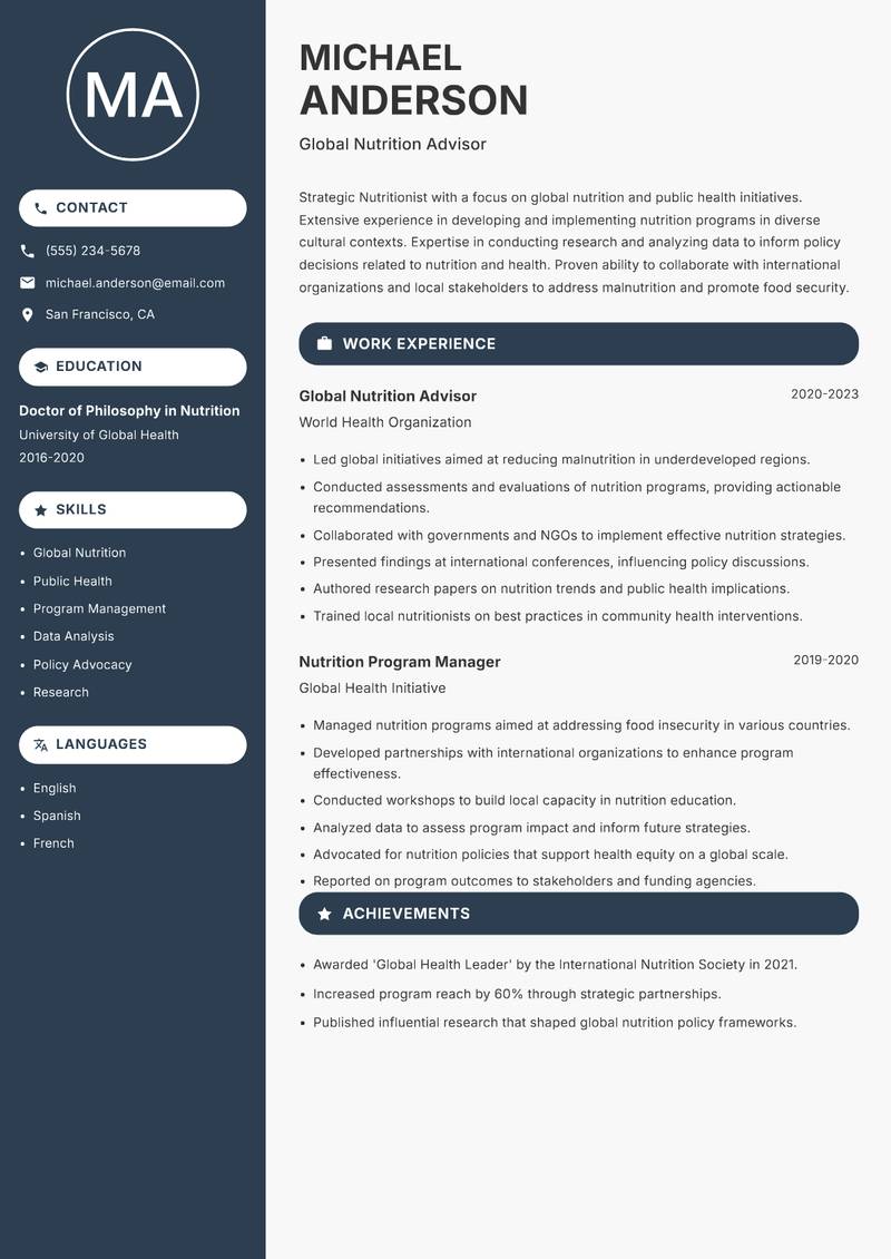 Nutritionist Resume Preview Example