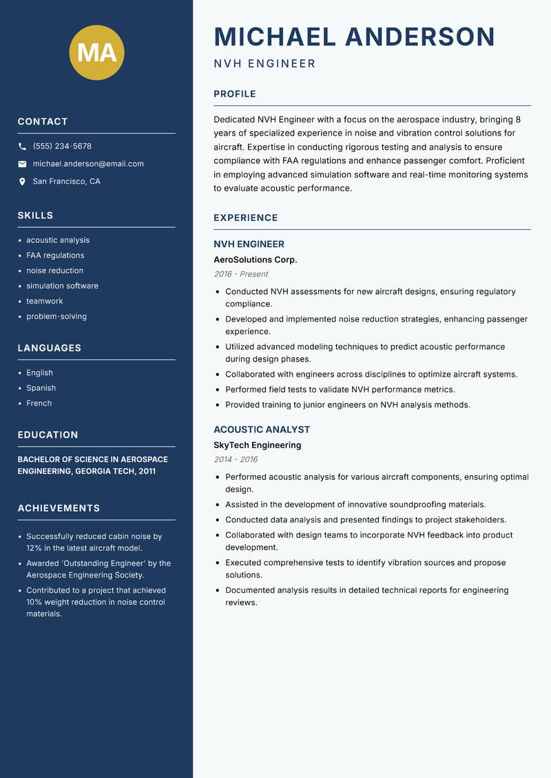 NVH Engineer Resume Preview Example