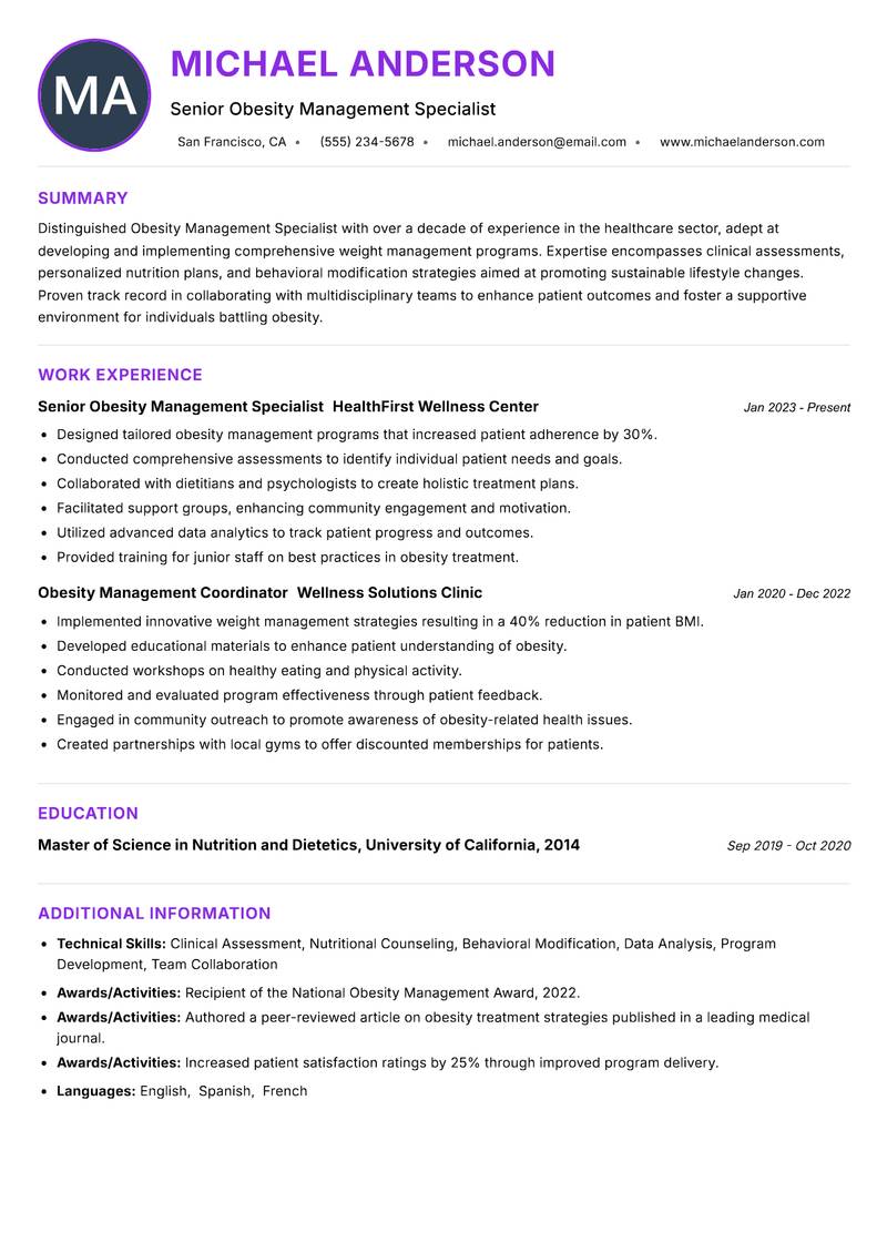 Obesity Management Specialist Resume Preview Example