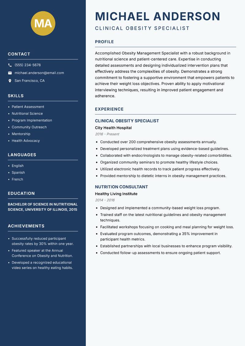 Obesity Management Specialist Resume Preview Example