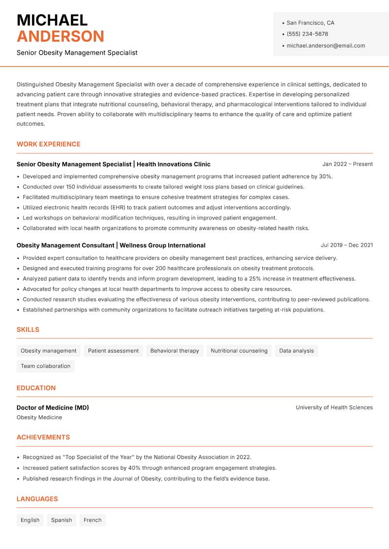Obesity Management Specialist Resume Template