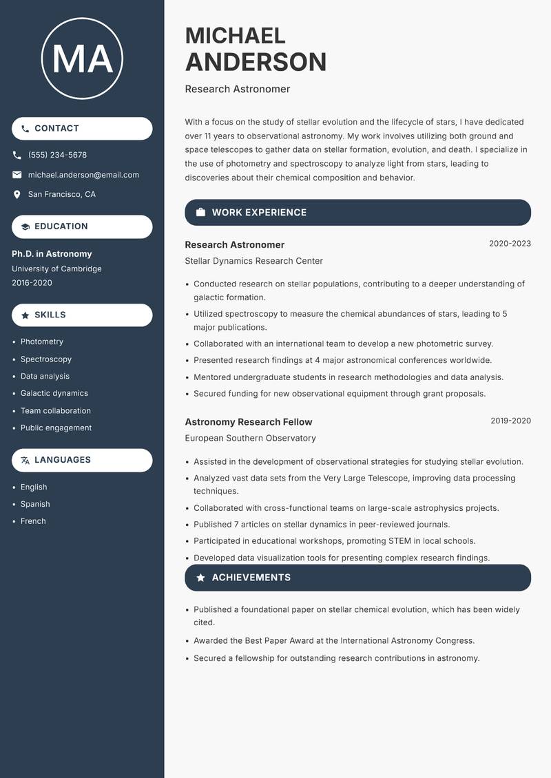 Observational Astronomer Resume Preview Example