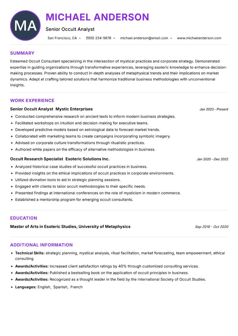 Occult Consultant Resume Preview Example