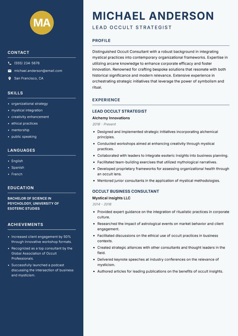 Occult Consultant Resume Preview Example