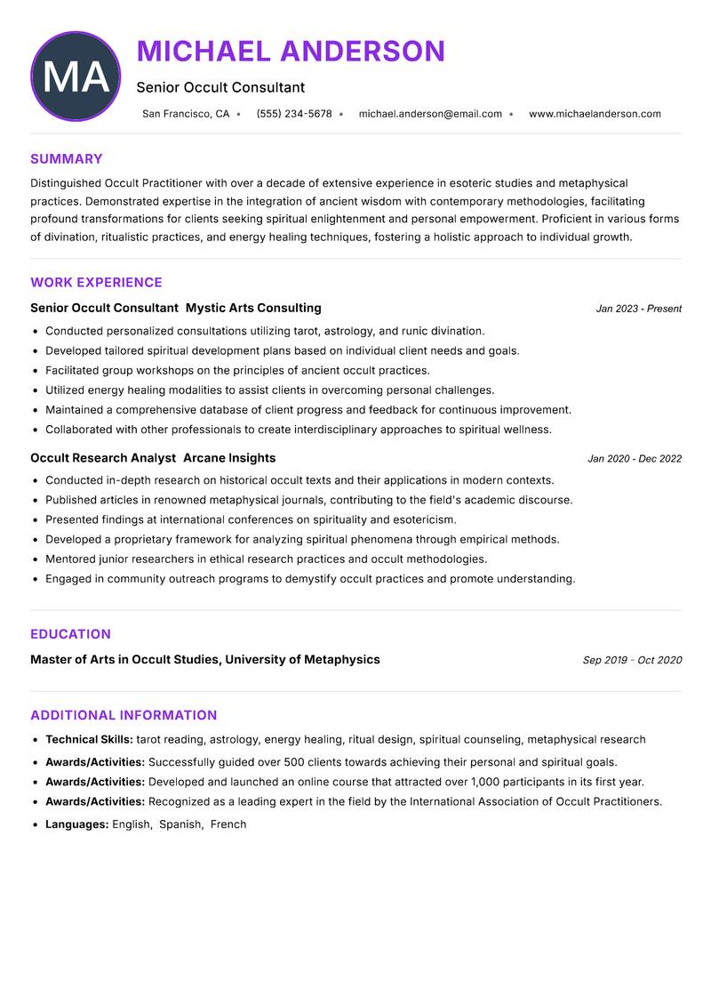 Occult Practitioner Resume Preview Example