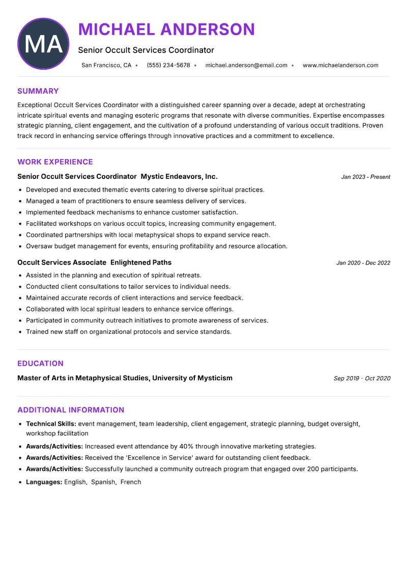 Occult Services Coordinator Resume Preview Example