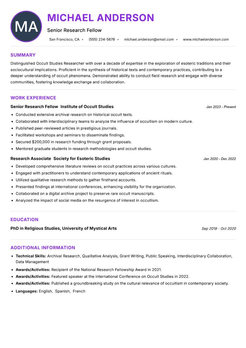 Occult Studies Researcher Resume Preview Example