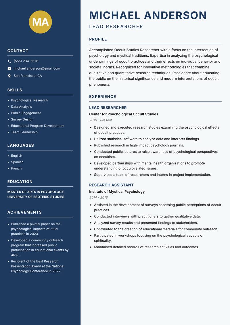 Occult Studies Researcher Resume Preview Example