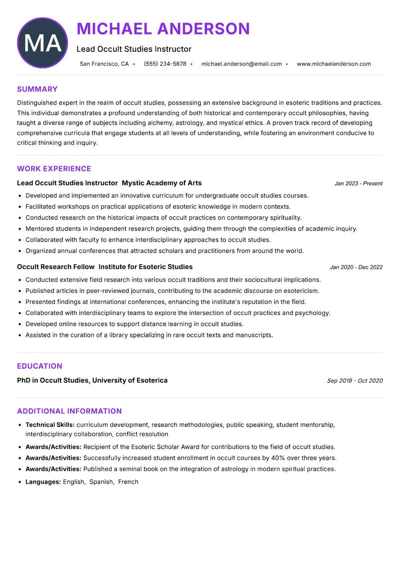 Occult Studies Trainer Resume Preview Example