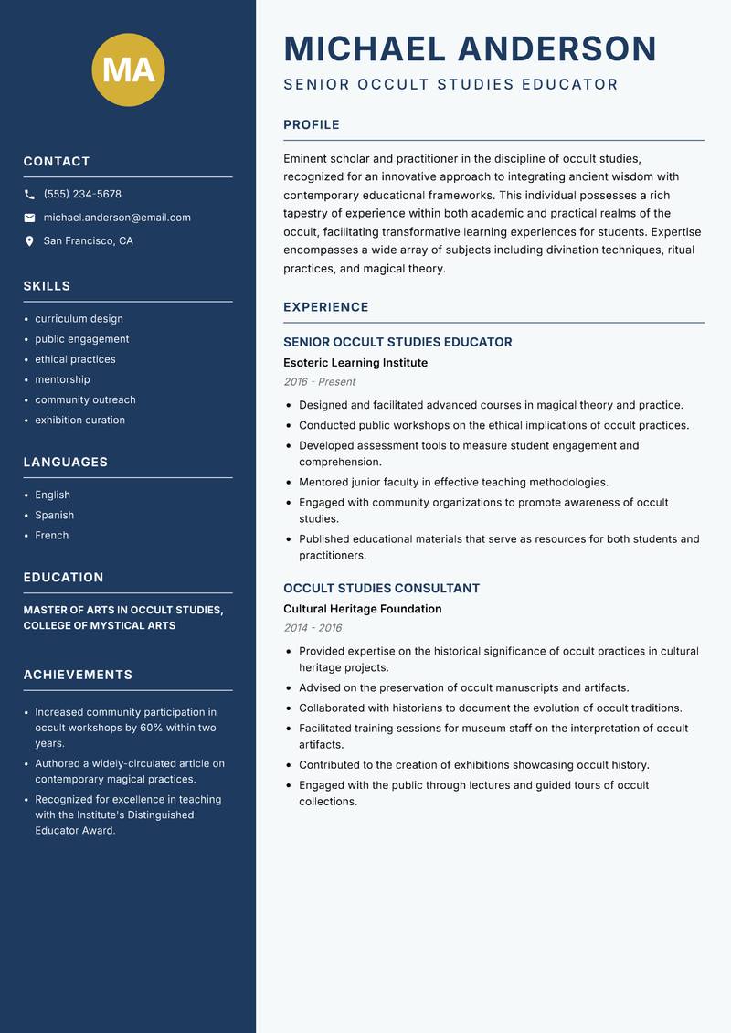 Occult Studies Trainer Resume Preview Example