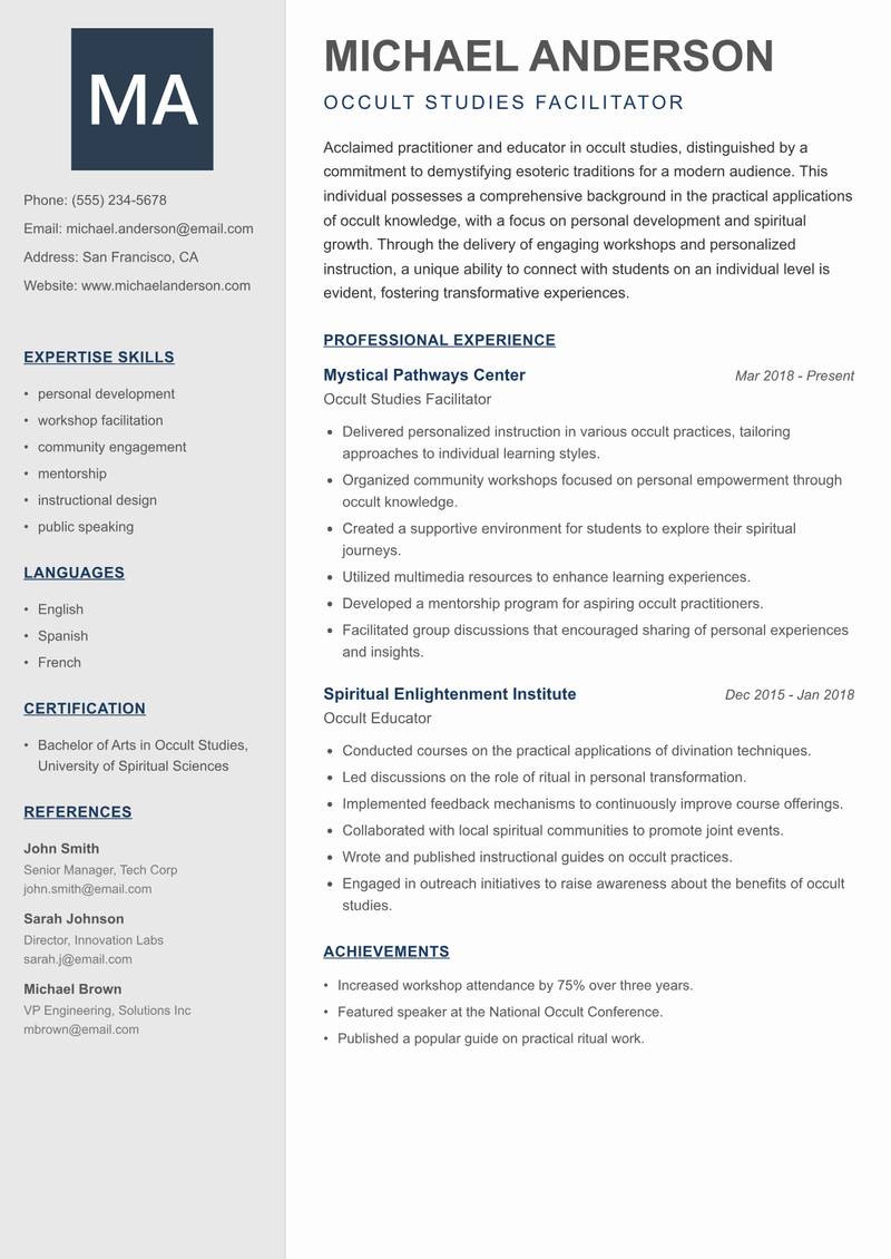 Occult Studies Trainer Resume Preview Example