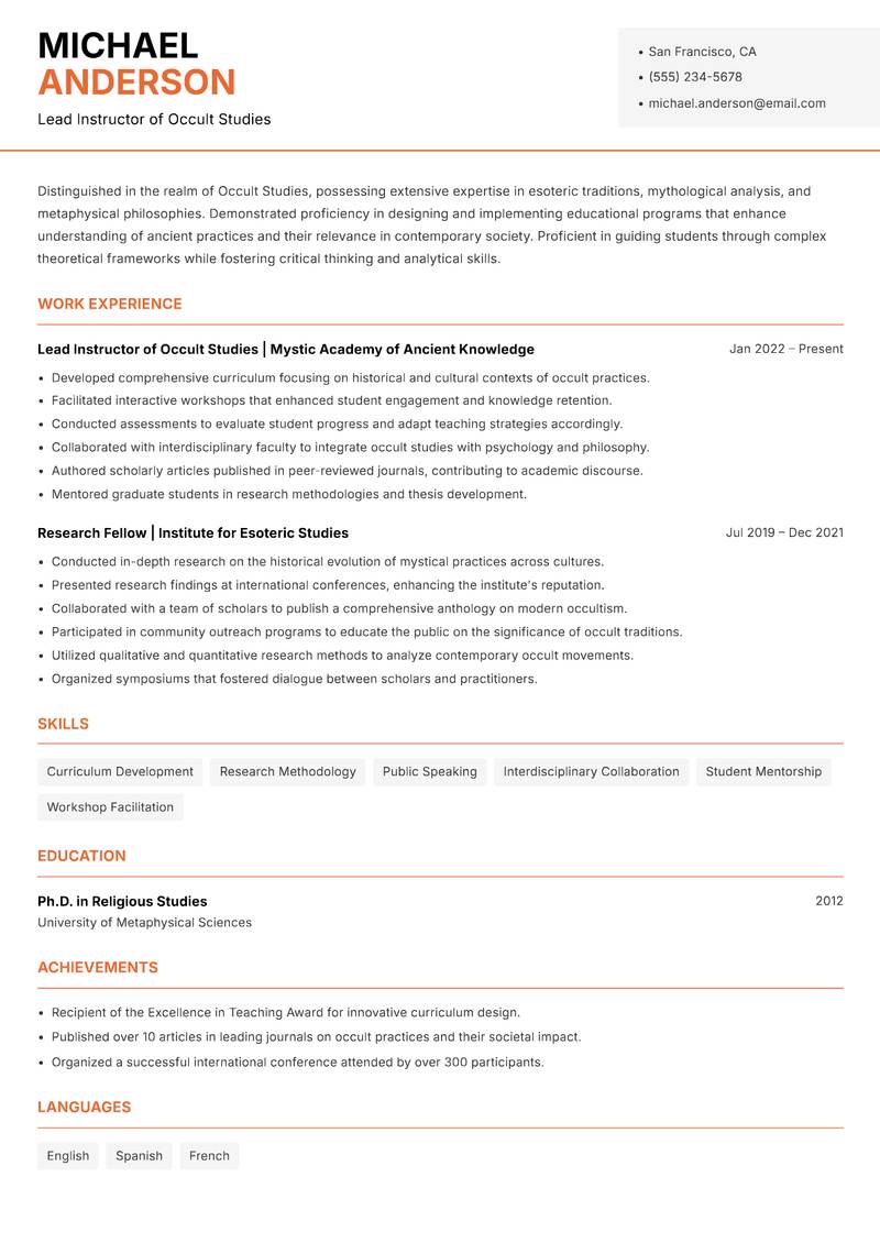 Occult Studies Trainer Resume Template