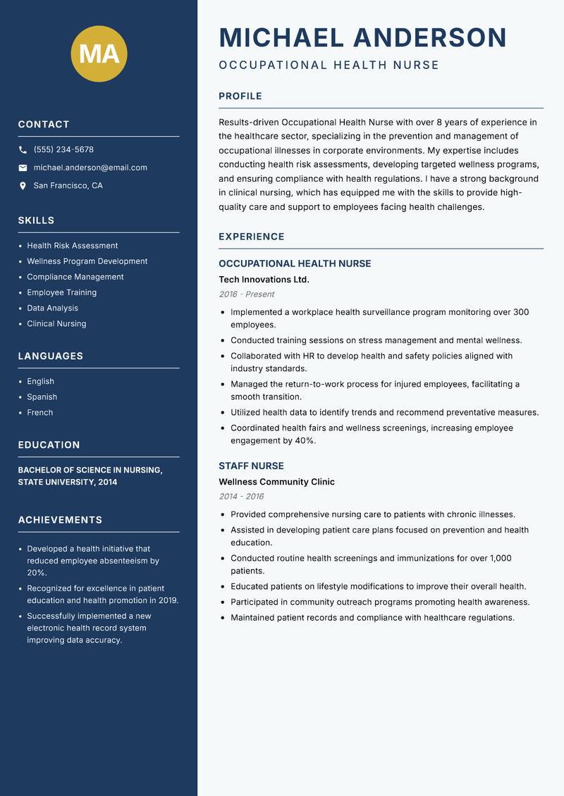 Occupational Health Nurse Resume Preview Example