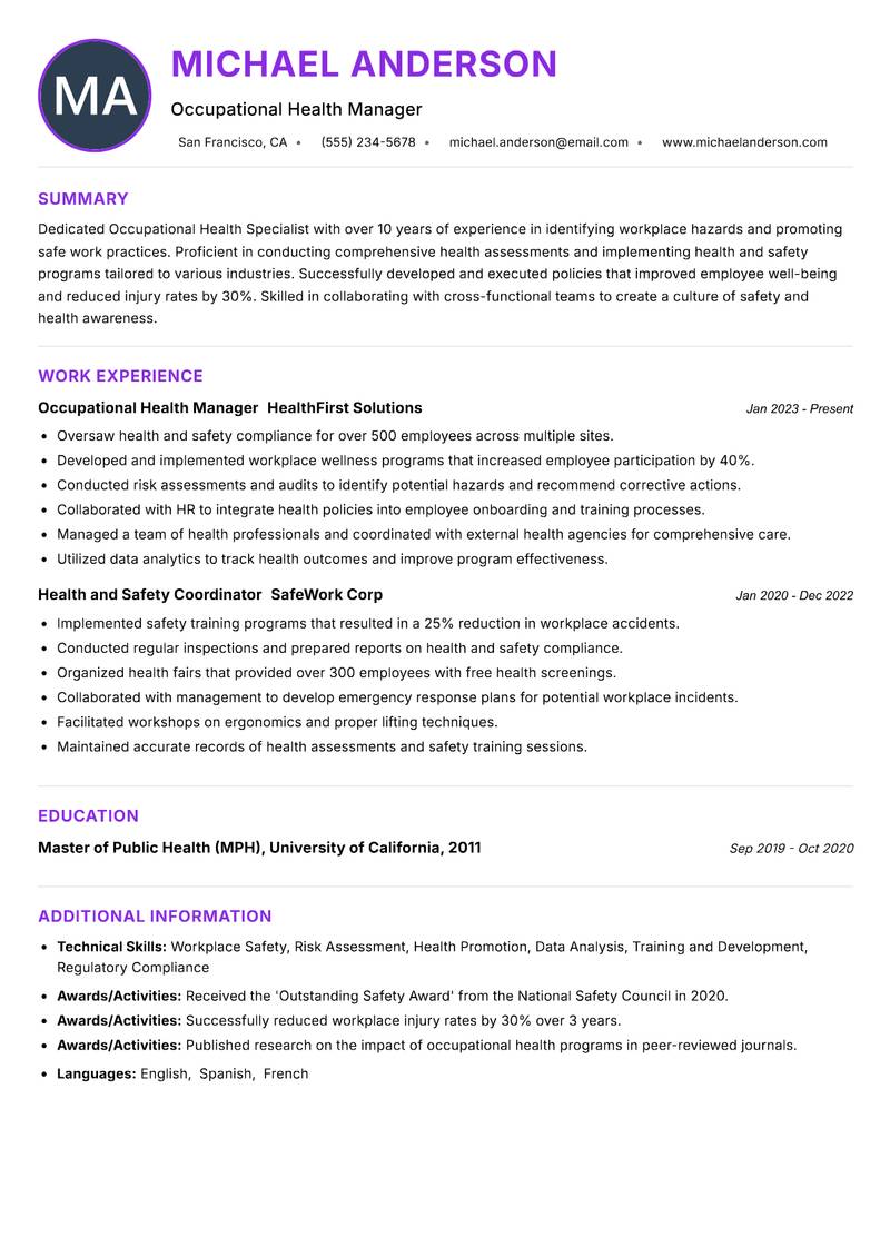 Occupational Health Specialist Resume Preview Example