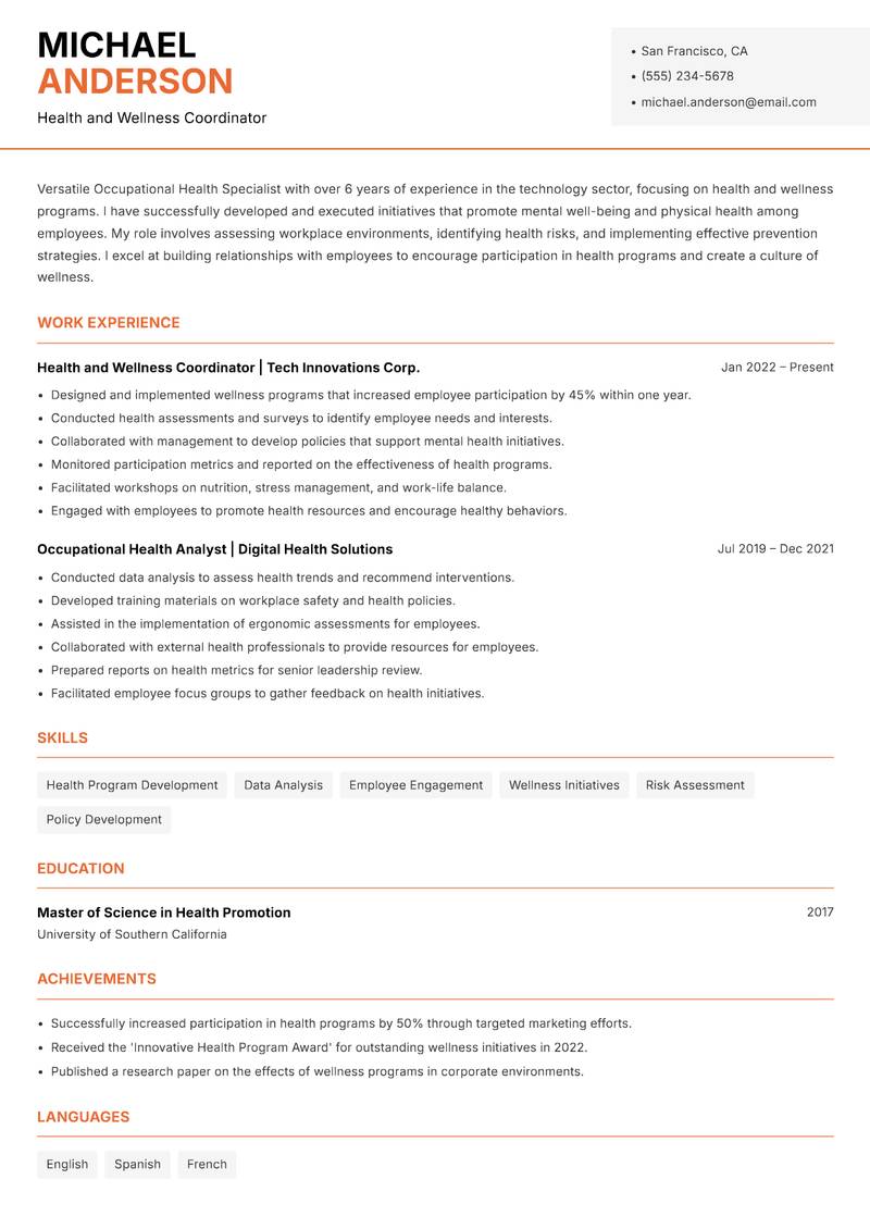 Occupational Health Specialist Resume Template