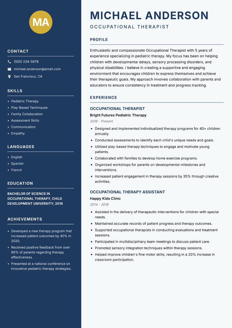 Occupational Therapist Resume Preview Example