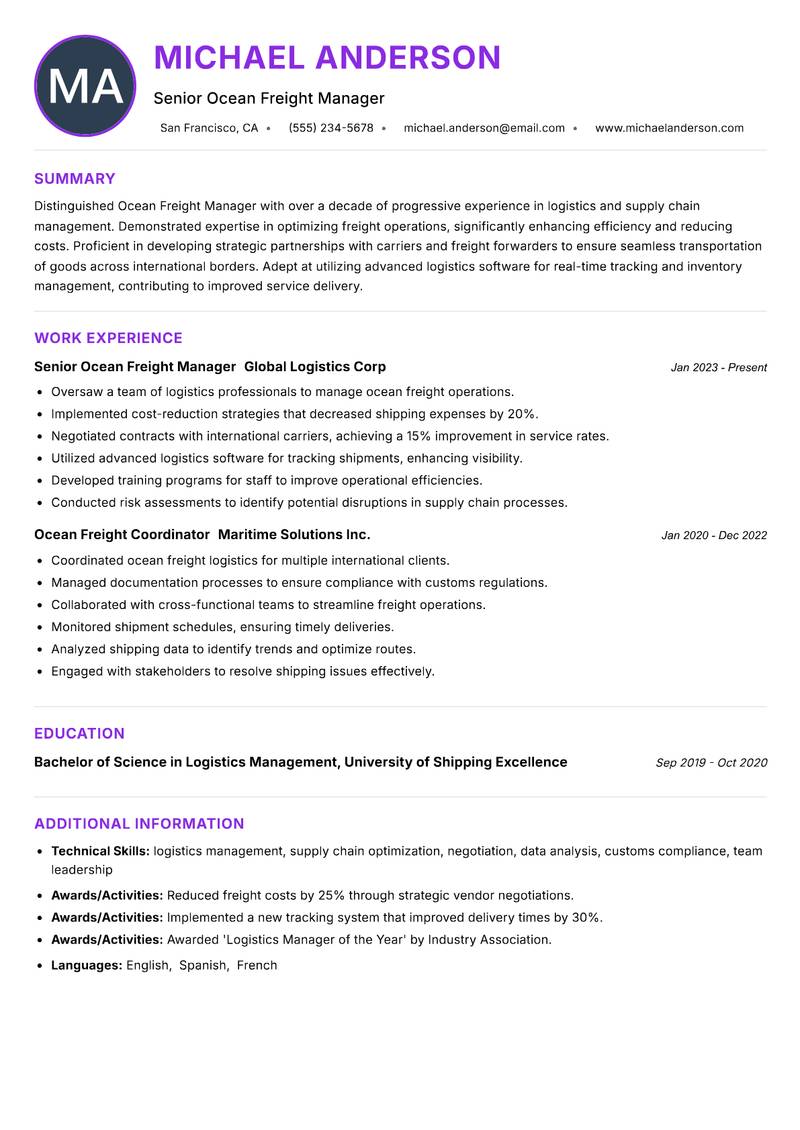 Ocean Freight Manager Resume Preview Example