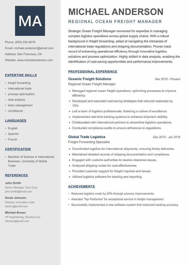 Ocean Freight Manager Resume Preview Example