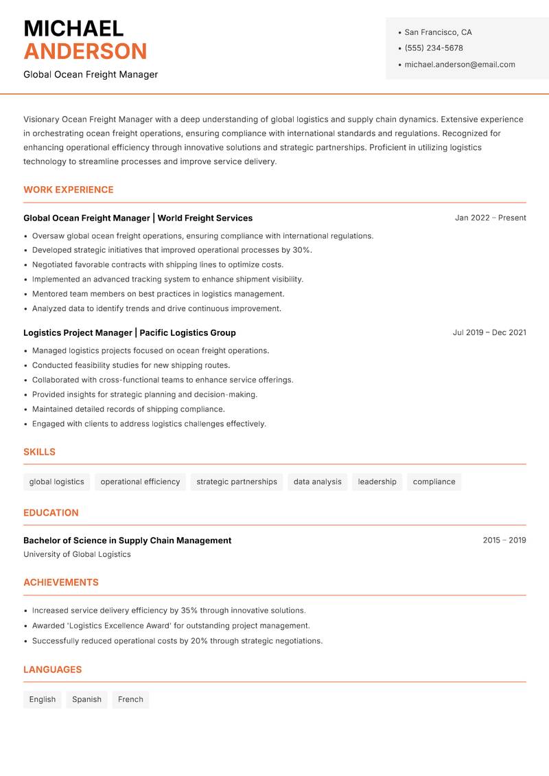 Ocean Freight Manager Resume Template