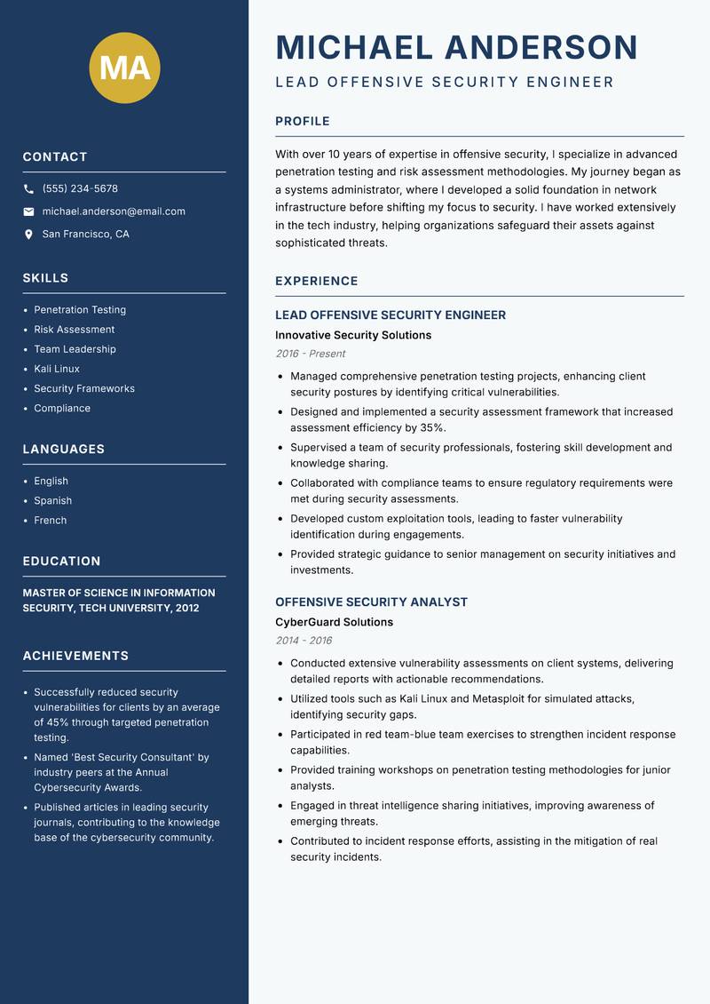 Offensive Security Engineer Resume Preview Example