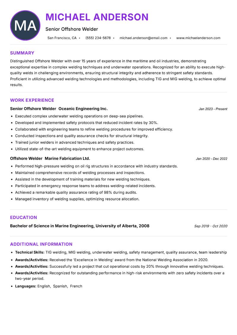 Offshore Welder Resume Preview Example