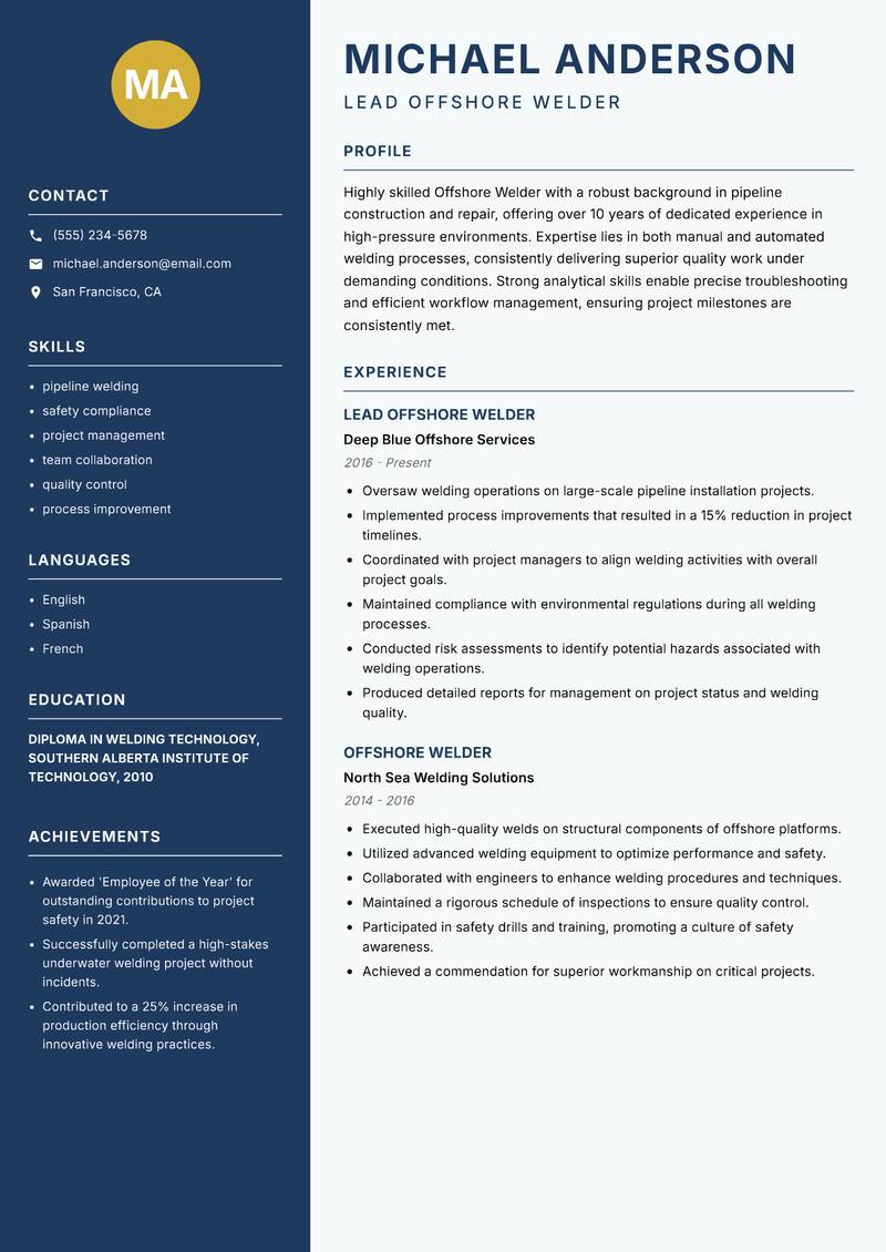 Offshore Welder Resume Preview Example