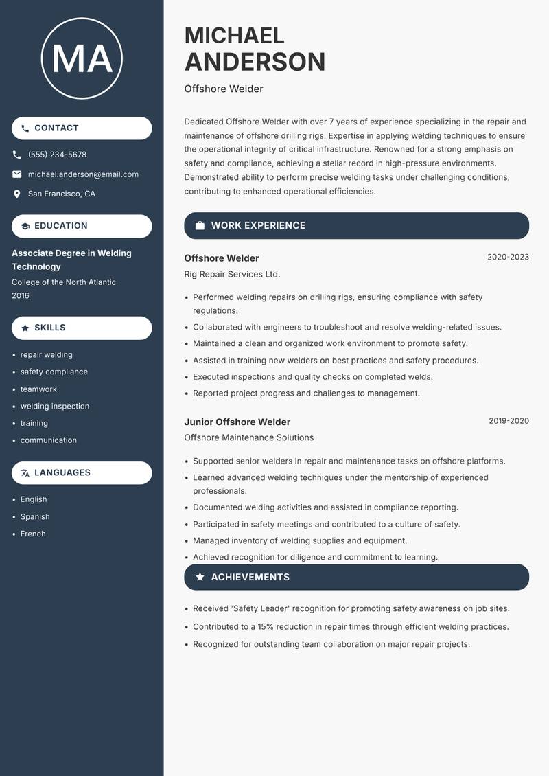 Offshore Welder Resume Preview Example