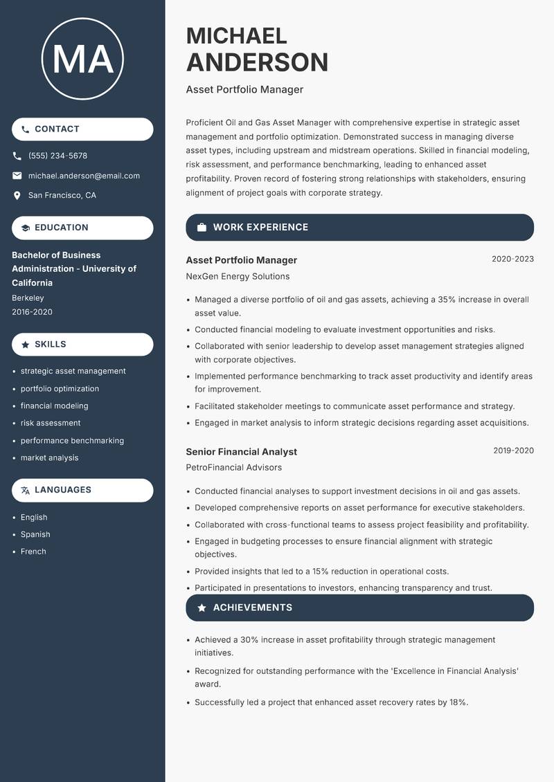 Oil and Gas Asset Manager Resume Preview Example