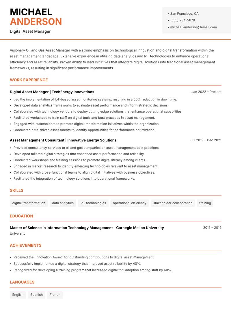 Oil and Gas Asset Manager Resume Template