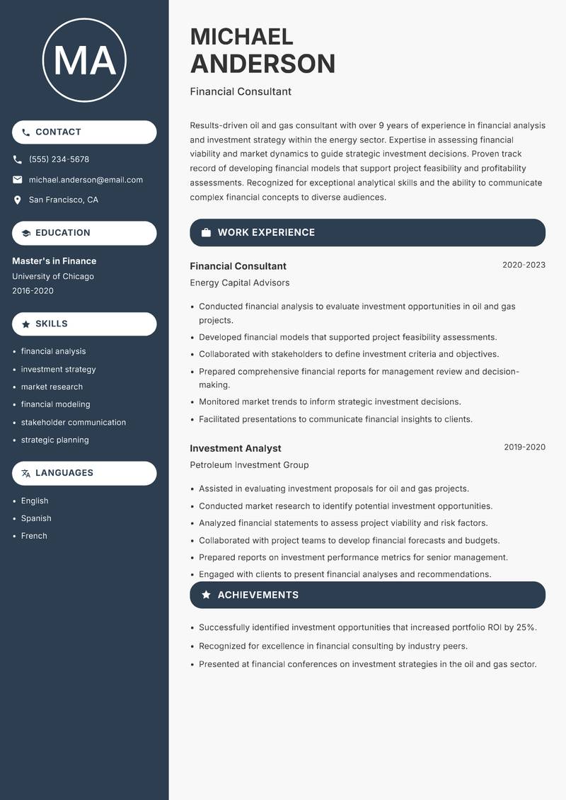 Oil and Gas Consultant Resume Preview Example