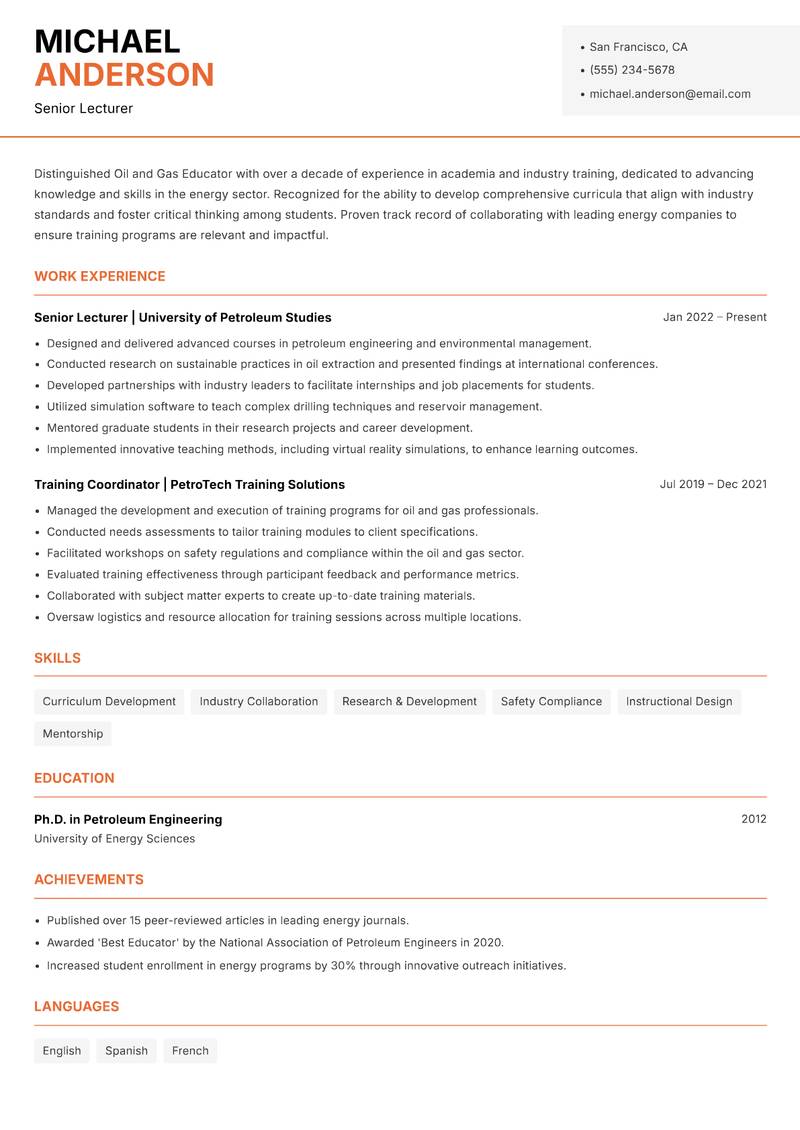 Oil and Gas Educator Resume Template