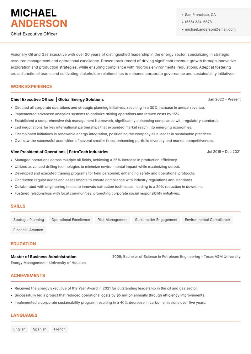 Oil and Gas Executive Resume Template
