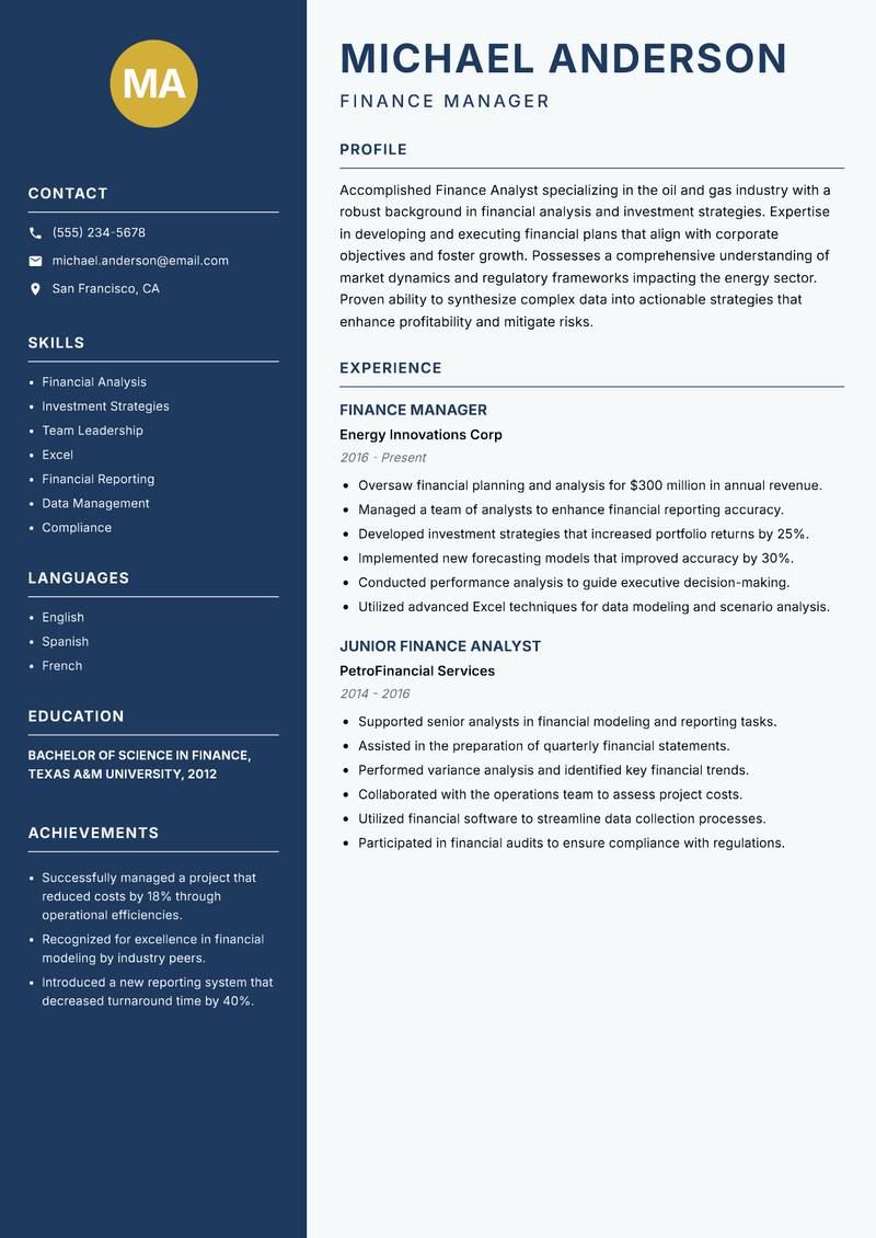 Oil and Gas Finance Analyst Resume Preview Example