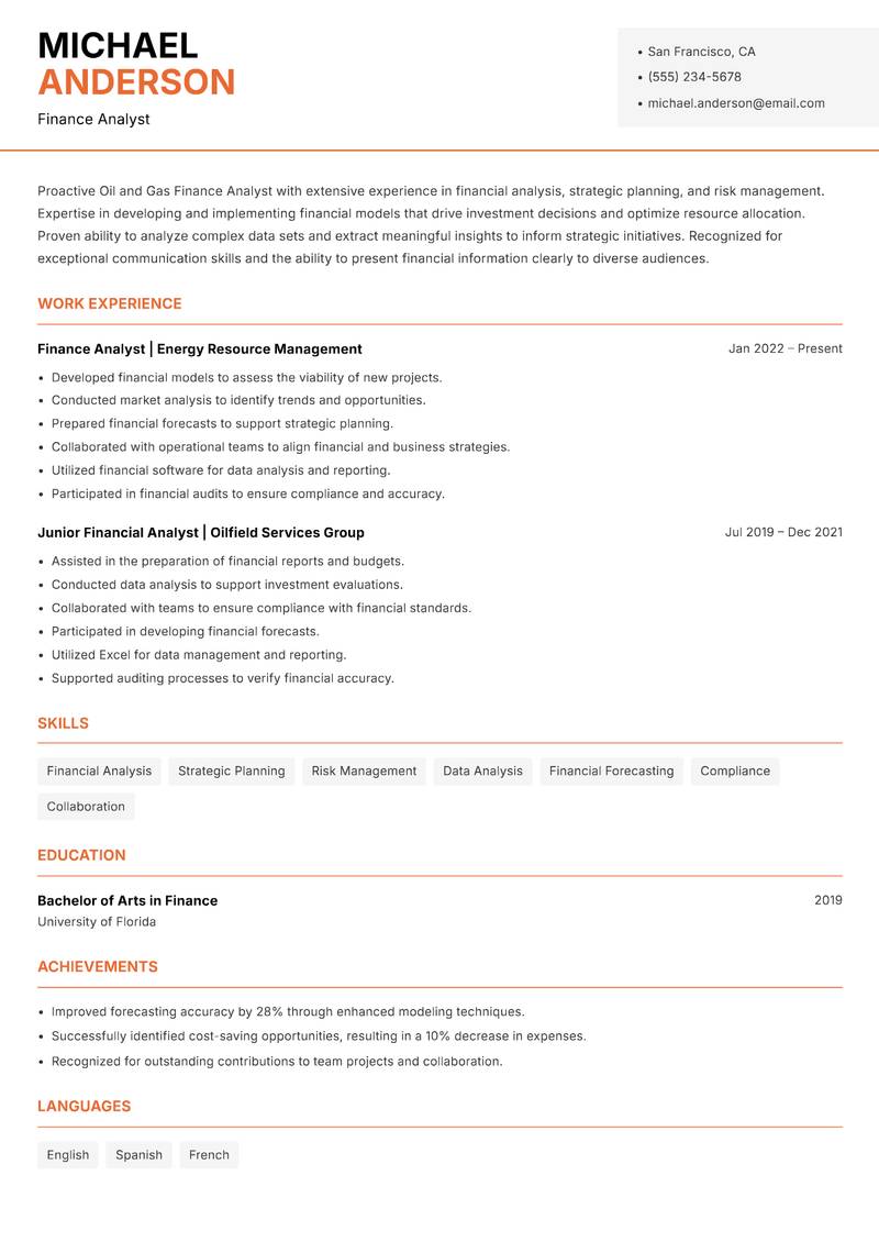 Oil and Gas Finance Analyst Resume Template