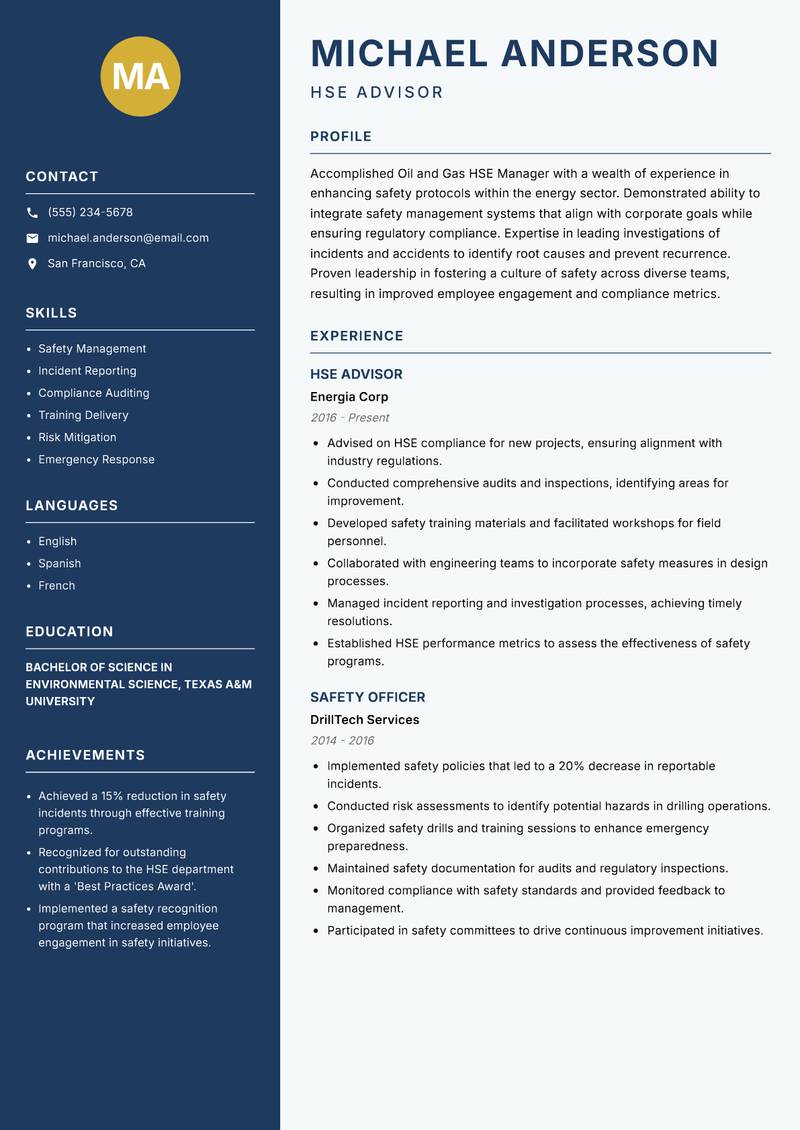 Oil and Gas HSE Manager Resume Preview Example