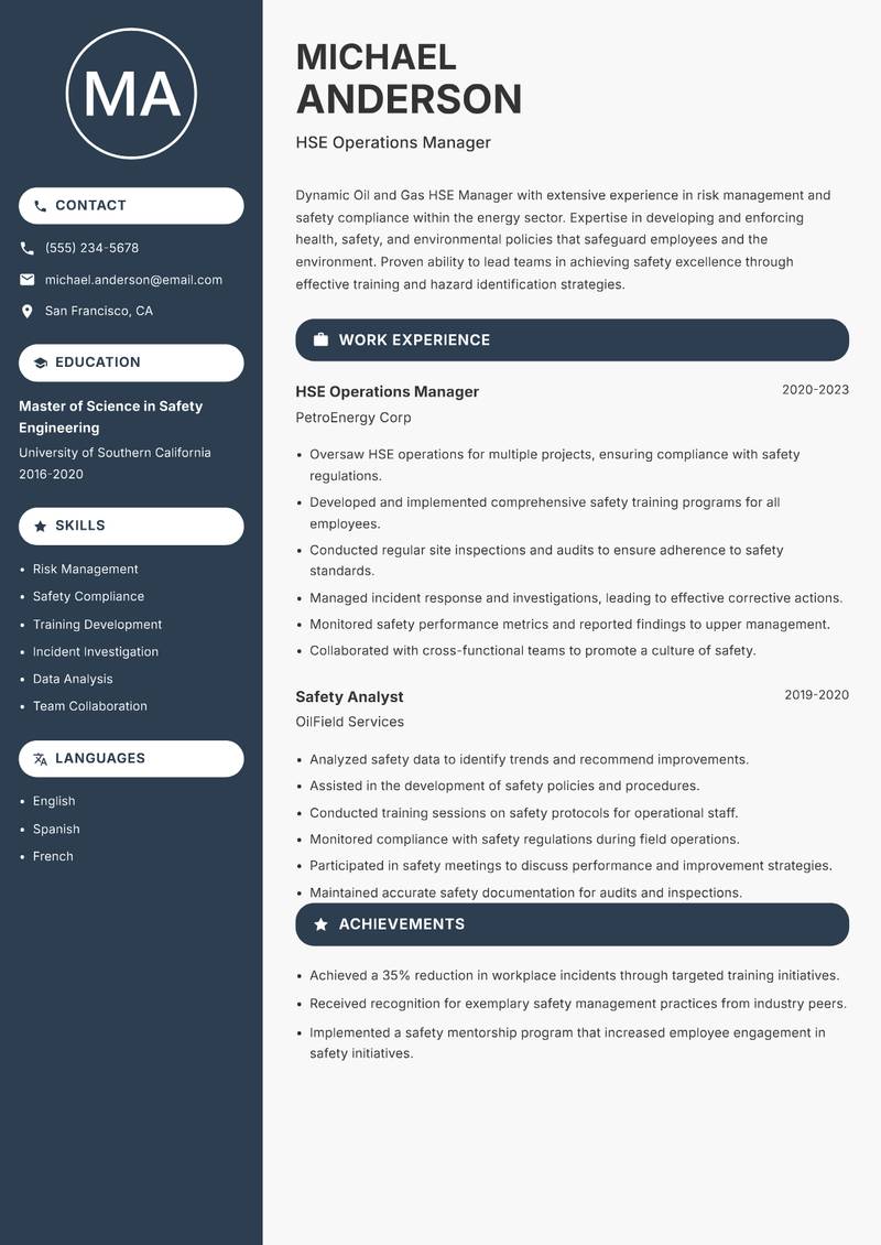 Oil and Gas HSE Manager Resume Preview Example