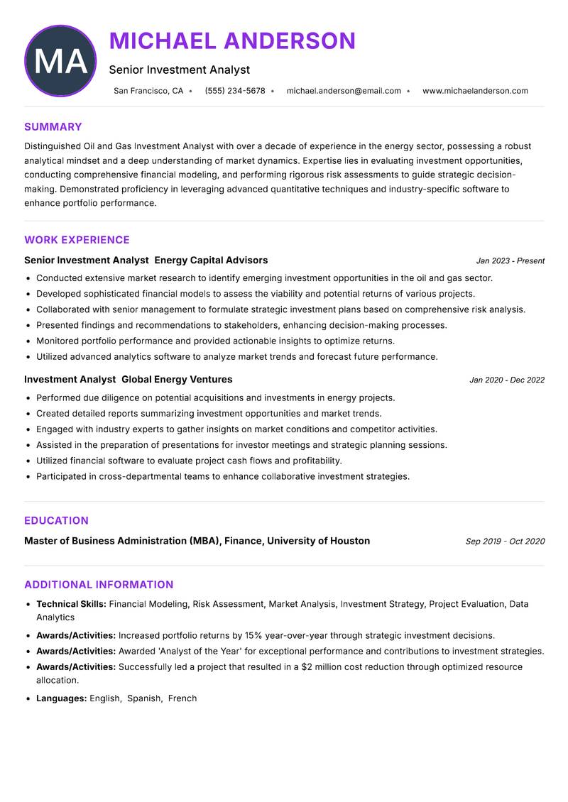 Oil and Gas Investment Analyst Resume Preview Example