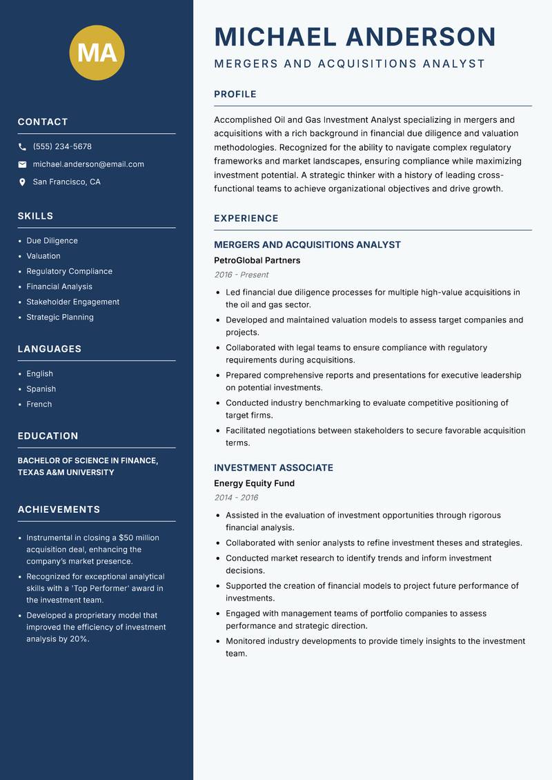 Oil and Gas Investment Analyst Resume Preview Example