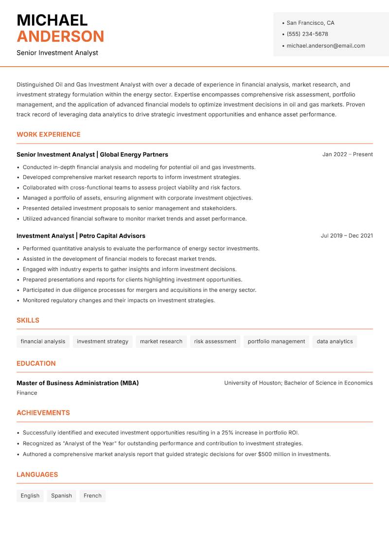Oil and Gas Investment Analyst Resume Template