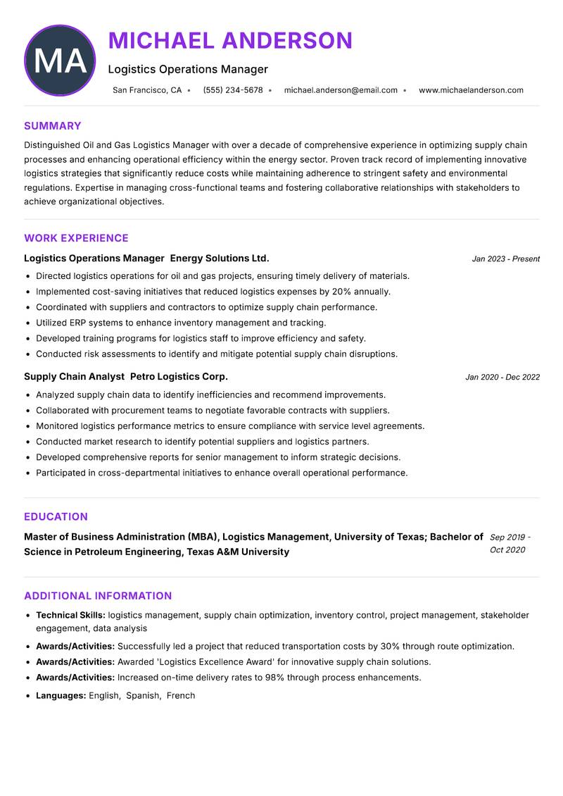 Oil and Gas Logistics Manager Resume Preview Example